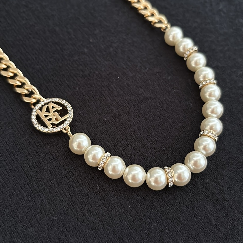 NWT Karl Lagerfeld Gold Tone Pearl Logo Necklace
